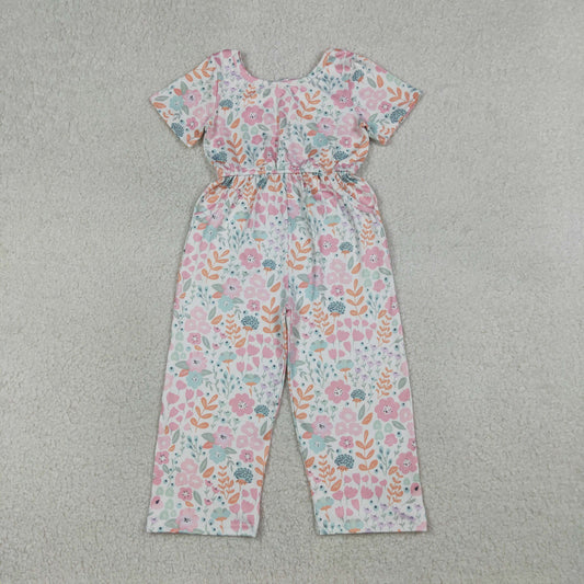 Baby Girls Short Sleeve Pink Flowers Pockets Pant Jumpsuits