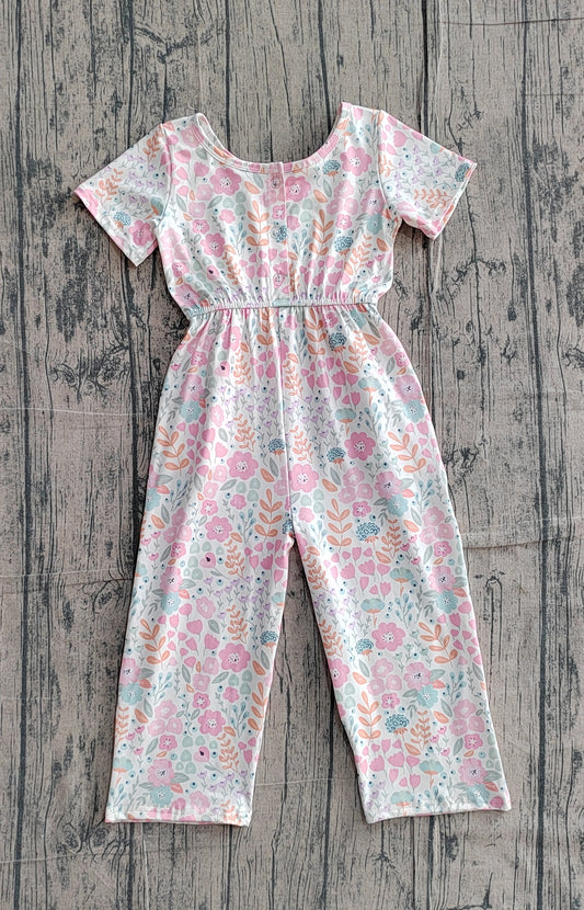 Baby Girls Short Sleeve Pink Flowers Pockets Jumpsuits Preorder