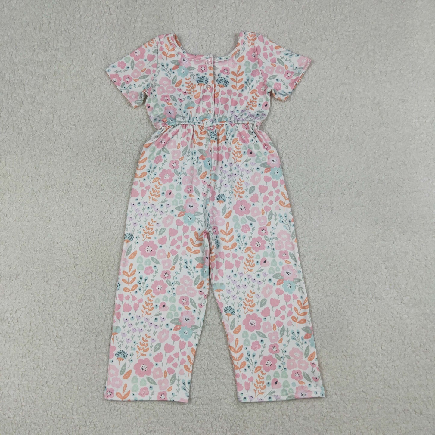 Baby Girls Short Sleeve Pink Flowers Pockets Pant Jumpsuits