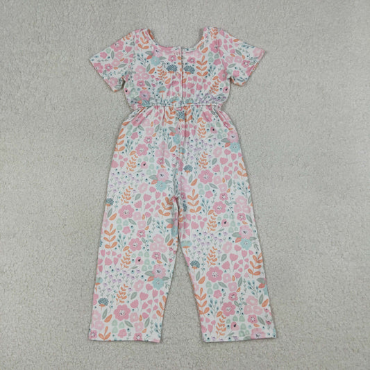 Baby Girls Short Sleeve Pink Flowers Pockets Pant Jumpsuits