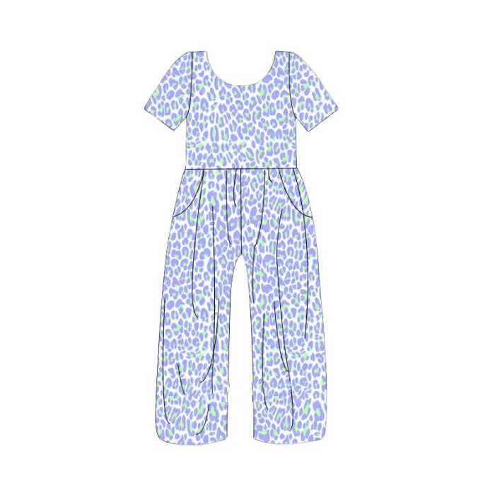 Baby Girls Short Sleeve Lavender Leopard Pockets Jumpsuits Preorder