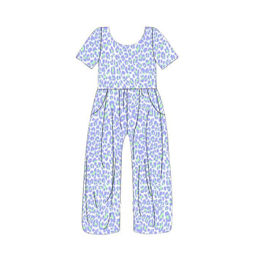 Baby Girls Short Sleeve Lavender Leopard Pockets Jumpsuits Preorder