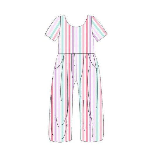 Baby Girls Short Sleeve Colorful Stripe Pockets Jumpsuits Preorder