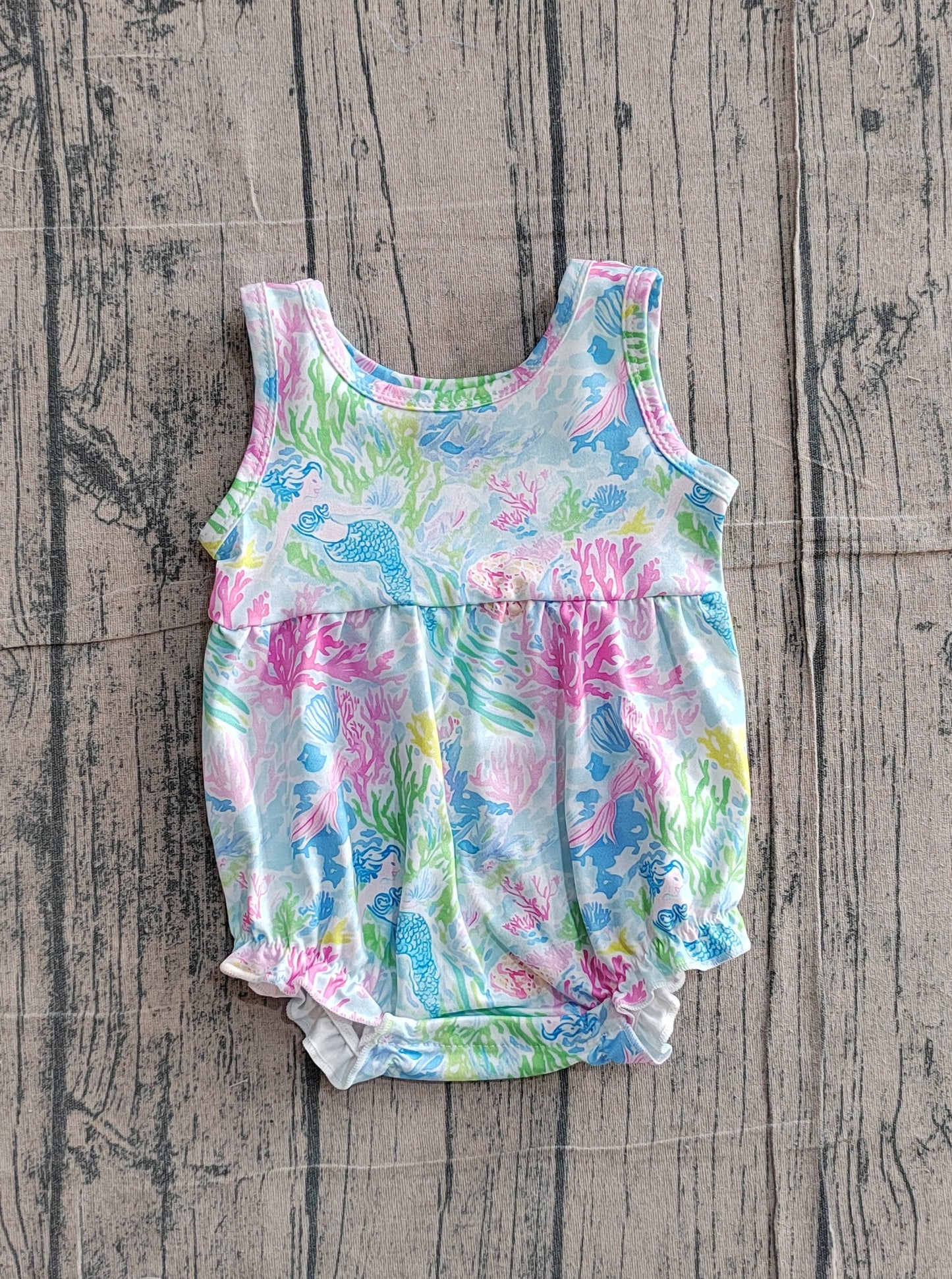 Baby Girls Sleeveless Watercolor Sea Plants Ruffle Rompers