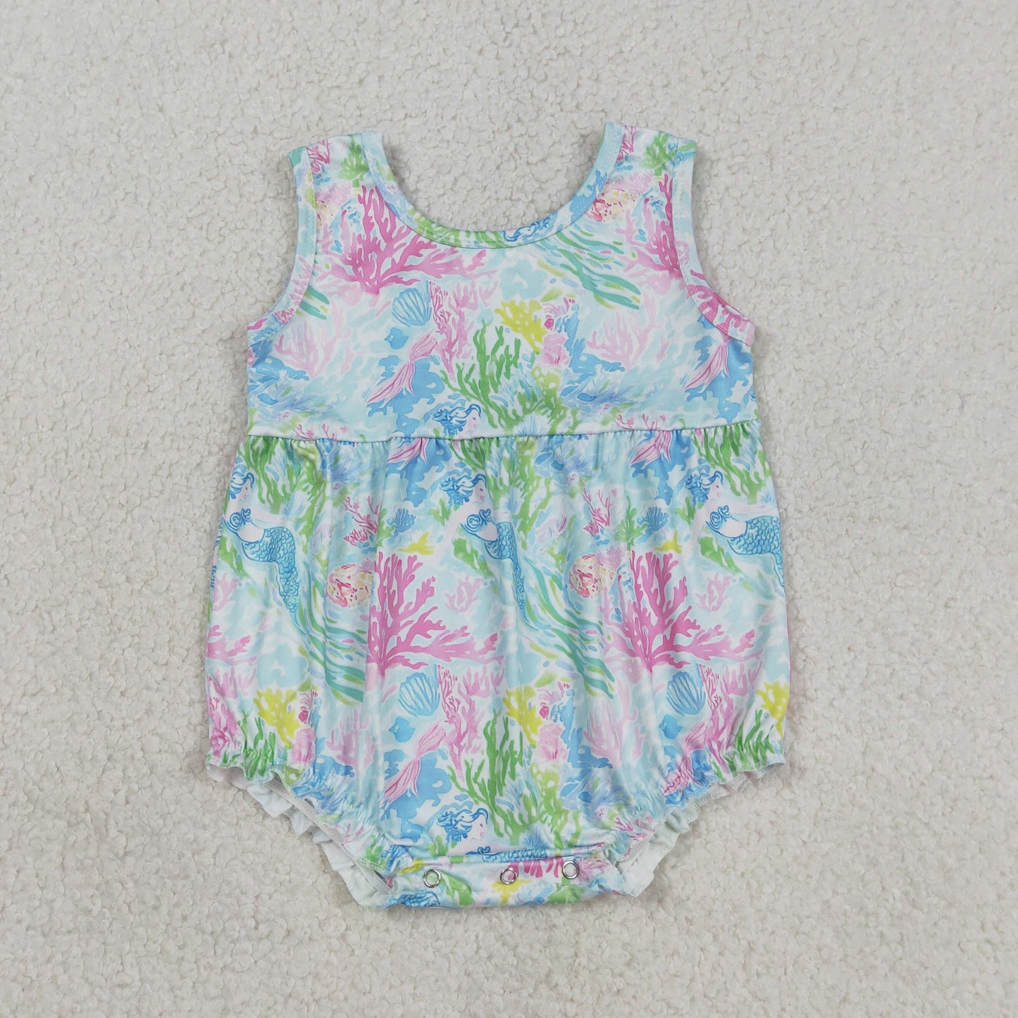 Baby Girls Sleeveless Watercolor Sea Plants Ruffle Rompers