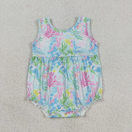 Baby Girls Sleeveless Watercolor Sea Plants Ruffle Rompers