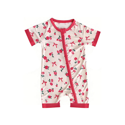Baby Girls Red Bows Flowers Two Way Zipper Convertible Rompers Preorder