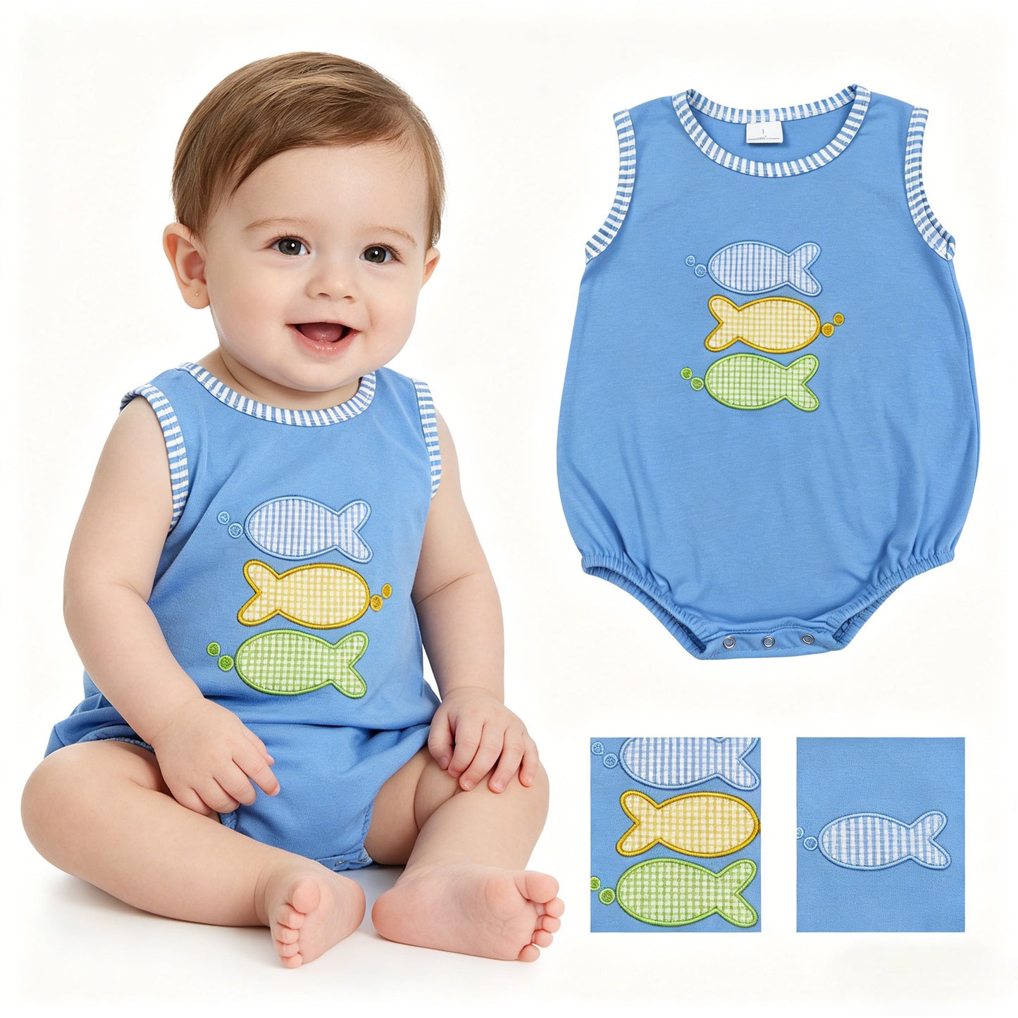 Embroidery Fishes Baby Boys Sleeveless Hunting Rompers