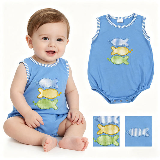 Embroidery Fishes Baby Boys Sleeveless Hunting Rompers