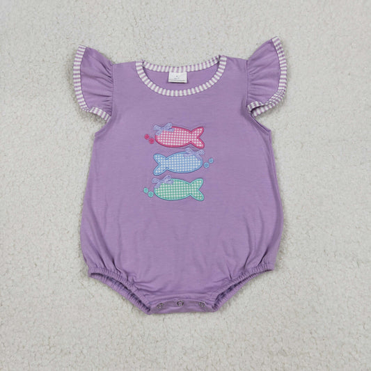 Embroidery Fishes Baby Girls Flutter Sleeve Hunting Ruffle Rompers