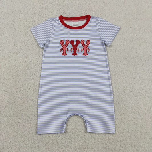 Embroidery Crayfishes Baby Boys Short Sleeve Blue Stripe Shorts Rompers