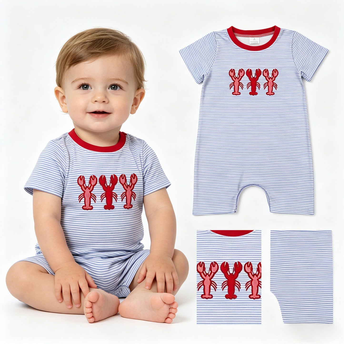 Embroidery Crayfishes Baby Boys Short Sleeve Blue Stripe Shorts Rompers