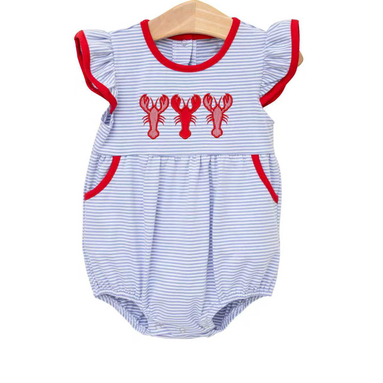 Baby Girls Flutter Sleeve Stripe Crayfishes Pockets Ruffle Rompers Preorder