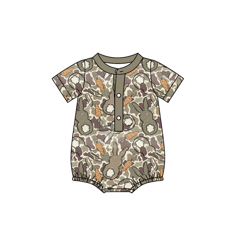 Baby Boys Camo Rabbits Carrots Easter Button Rompers Preorder