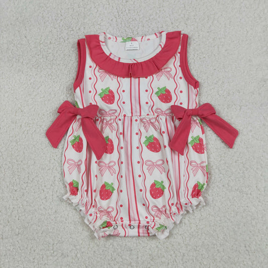 Baby Girls Sleeveless Strawberry Bows Stripe Ruffle Rompers