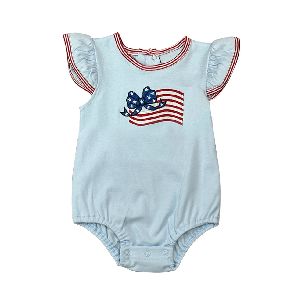 Baby Girls Flutter Sleeve Bow Flags 4th of July Ruffle Rompers Preorder