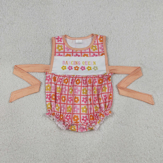Baby Girls Flowers Checked Dancing Queen Print Ruffle Belt Rompers