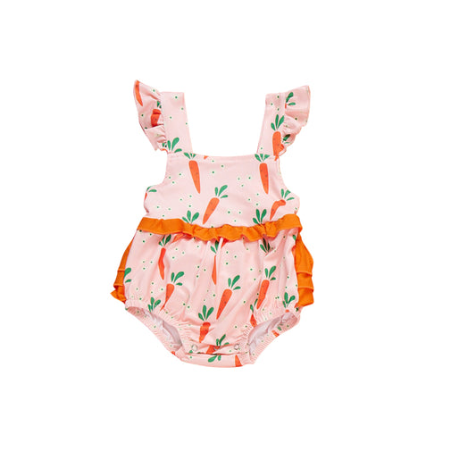 Baby Girls Flutter Sleeve Flower Carrots Easter Ruffle Rompers Preorder