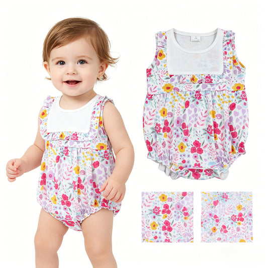 Baby Girls Sleeveless Colorful Flowers Ruffle Rompers