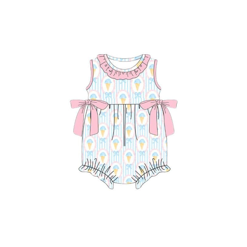 Baby Girls Sleeveless Blue Stripe Bows Ice Creams Collar Ruffle Rompers Preorder