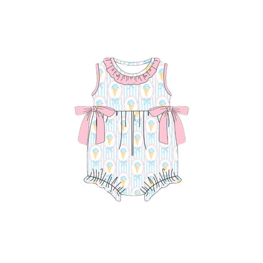 Baby Girls Sleeveless Blue Stripe Bows Ice Creams Collar Ruffle Rompers Preorder