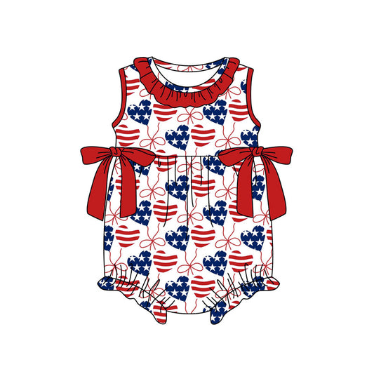 Baby Girls Red Blue Bows Flag Hearts 4th of July Collar Ruffle Rompers Preorder