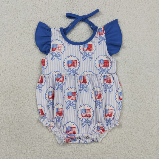 Baby Girls Flutter Sleeve Stripe Bows Flags 4th of July Ruffle Rompers
