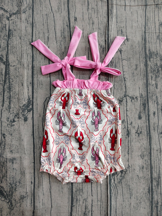 Baby Girls Strap Bows Crayfishes Checked Ruffle Rompers