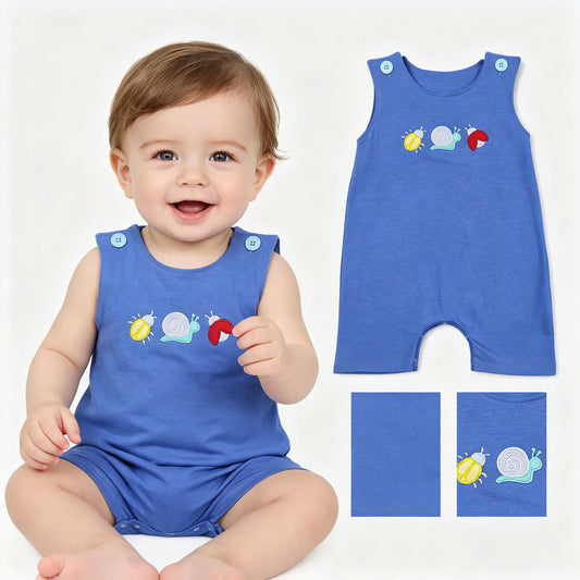 Embroidery Ladybirds Snails Baby Boys Blue Sleeveless Rompers
