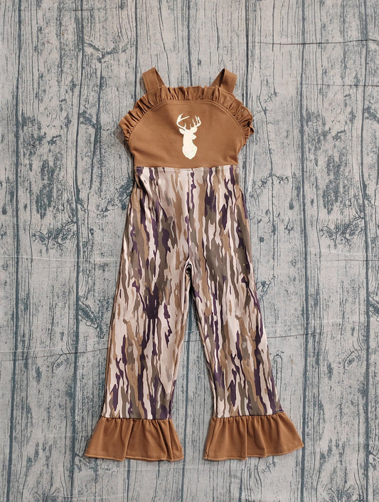 Embroidery Deer Baby Girls Strap Southern Olive Camo Hunting Jumpsuits Preorder