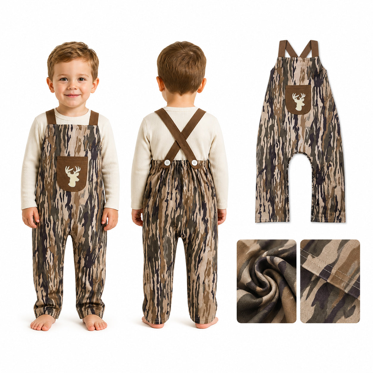 Embroidery Deer Baby Boys Strap Southern Olive Wood Camo Pocket Hunting Jumpsuits