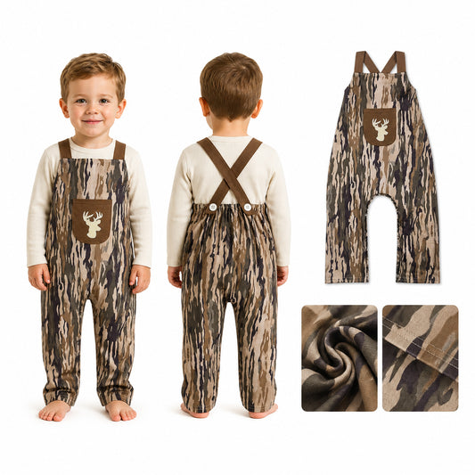 Embroidery Deer Baby Boys Strap Southern Olive Wood Camo Pocket Hunting Jumpsuits