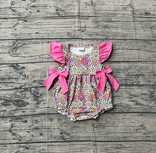 Baby Girls Flutter Sleeve Colorful Daisy Flowers Ruffle Rompers