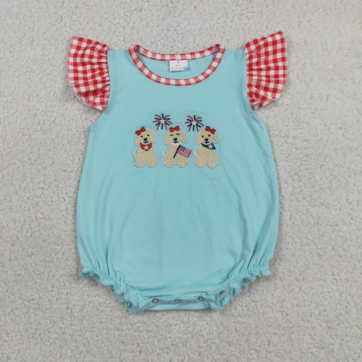 Embroidery Dogs Flags Baby Girls Flutter Sleeve 4th of July Ruffle Rompers