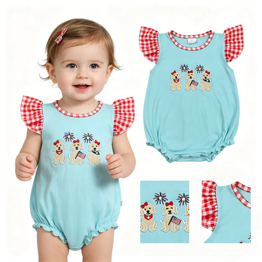 Embroidery Dogs Flags Baby Girls Flutter Sleeve 4th of July Ruffle Rompers