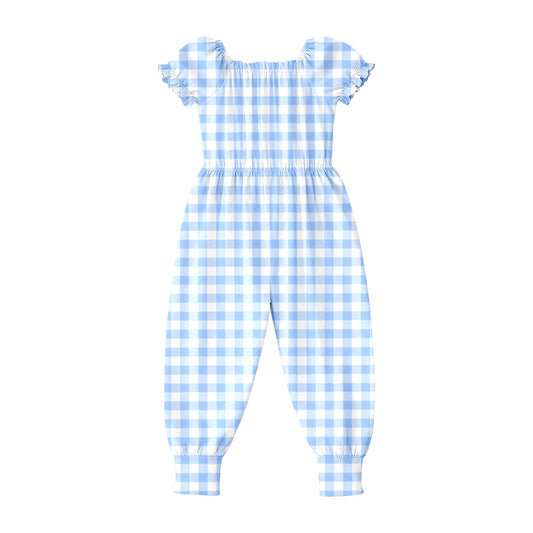 Baby Girls Short Ruffle Sleeve Blue Checked Pant Jumpsuits Preorder