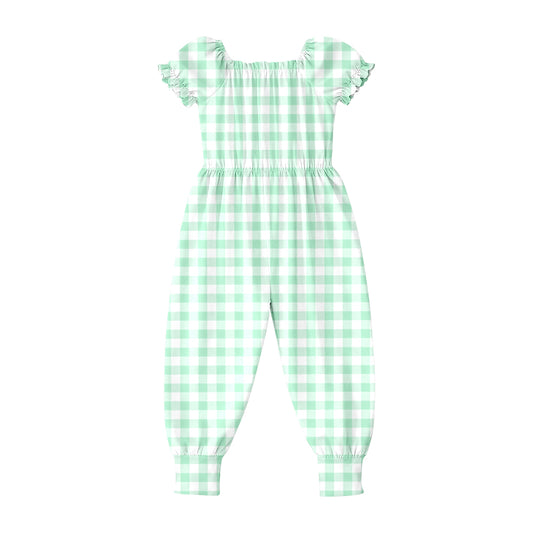 Baby Girls Short Ruffle Sleeve Green Checked Pant Jumpsuits Preorder