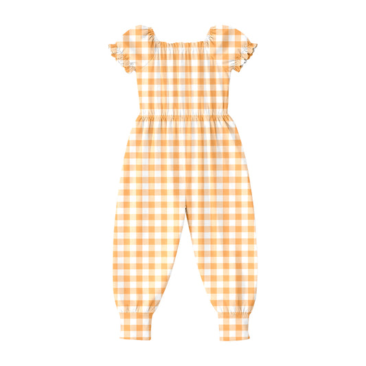 Baby Girls Short Ruffle Sleeve Orange Checked Pant Jumpsuits Preorder