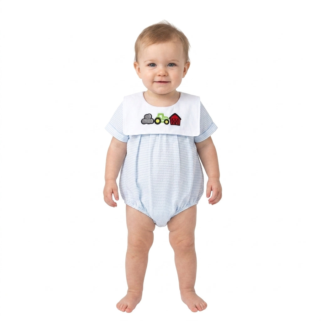 Embroidery Truck House Baby Boys Farm Stripe Rompers