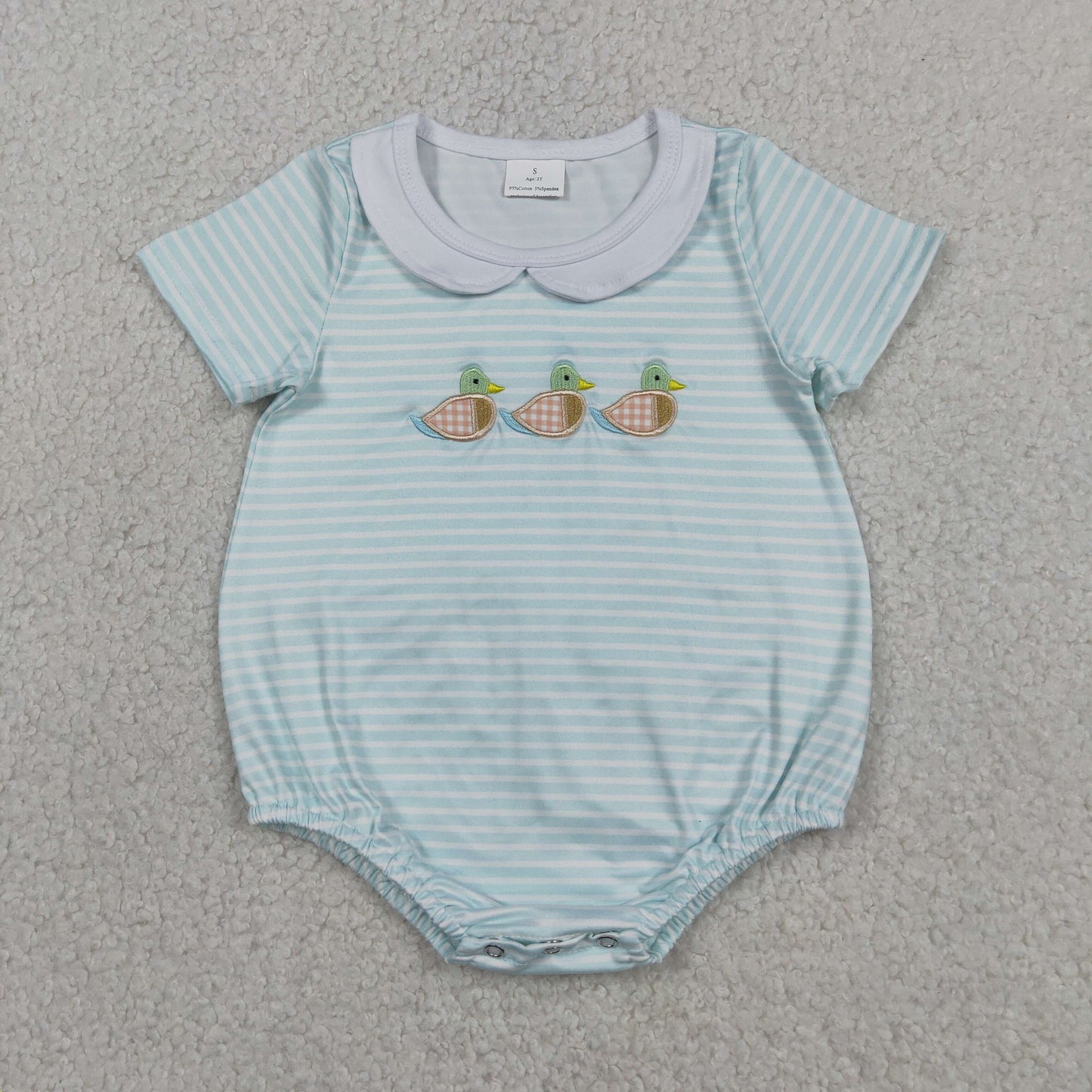 Embroidery Ducks Baby Boys Short Sleeve Collar Hunting Stripe Rompers