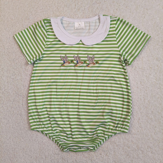 Embroidery Ducks Baby Boys Green Stripe Hunting Collar Rompers