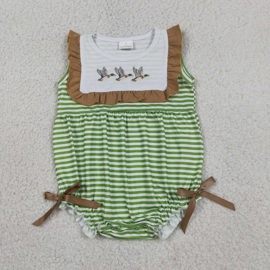Embroidery Ducks Baby Girls Sleeveless Green Stripe Ruffle Rompers