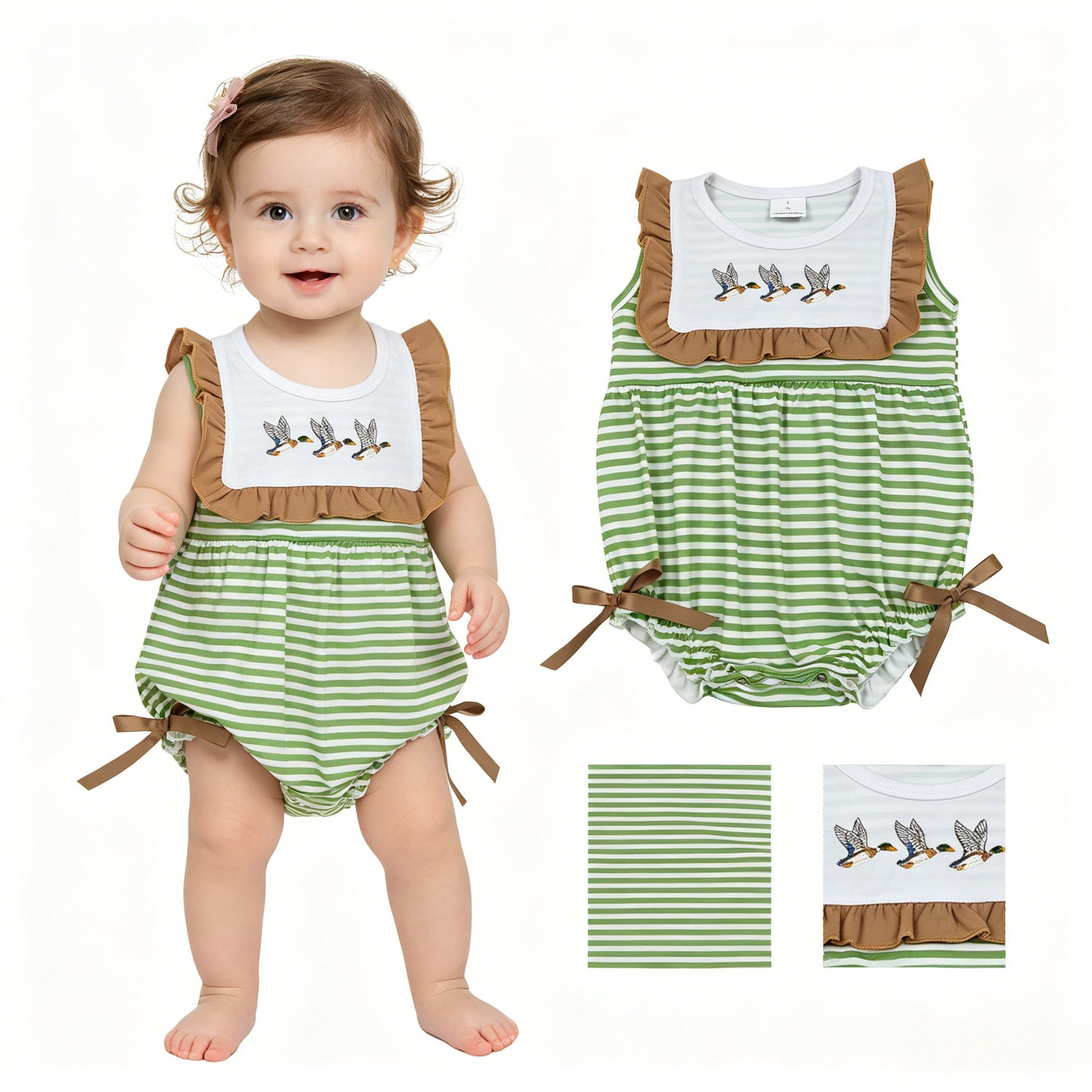 Embroidery Ducks Baby Girls Sleeveless Green Stripe Ruffle Rompers