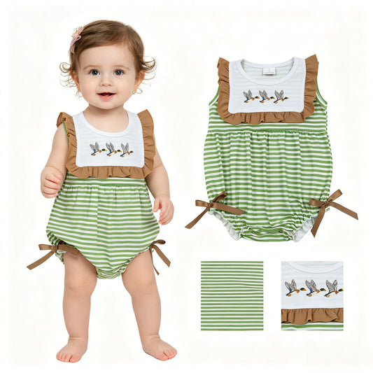 Embroidery Ducks Baby Girls Sleeveless Green Stripe Ruffle Rompers