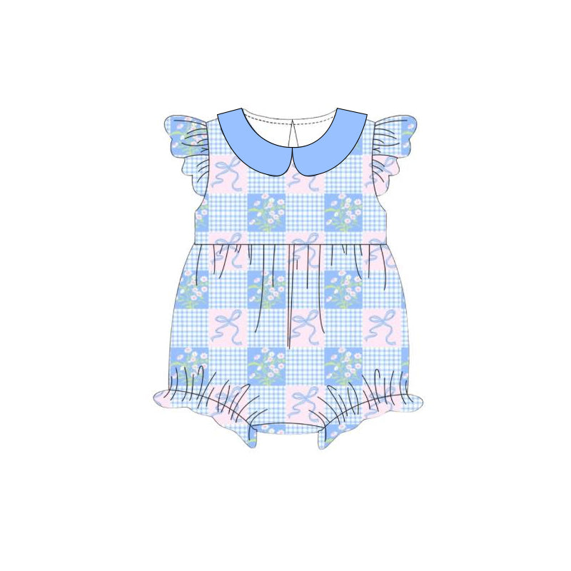 Baby Girls Flutter Sleeve Flowers Bows Checked Collar Ruffle Rompers Preorder