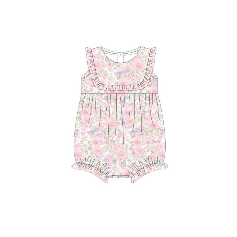 Baby Girls Sleeveless Colorful Flowers Plaid Ruffle Rompers Preorder