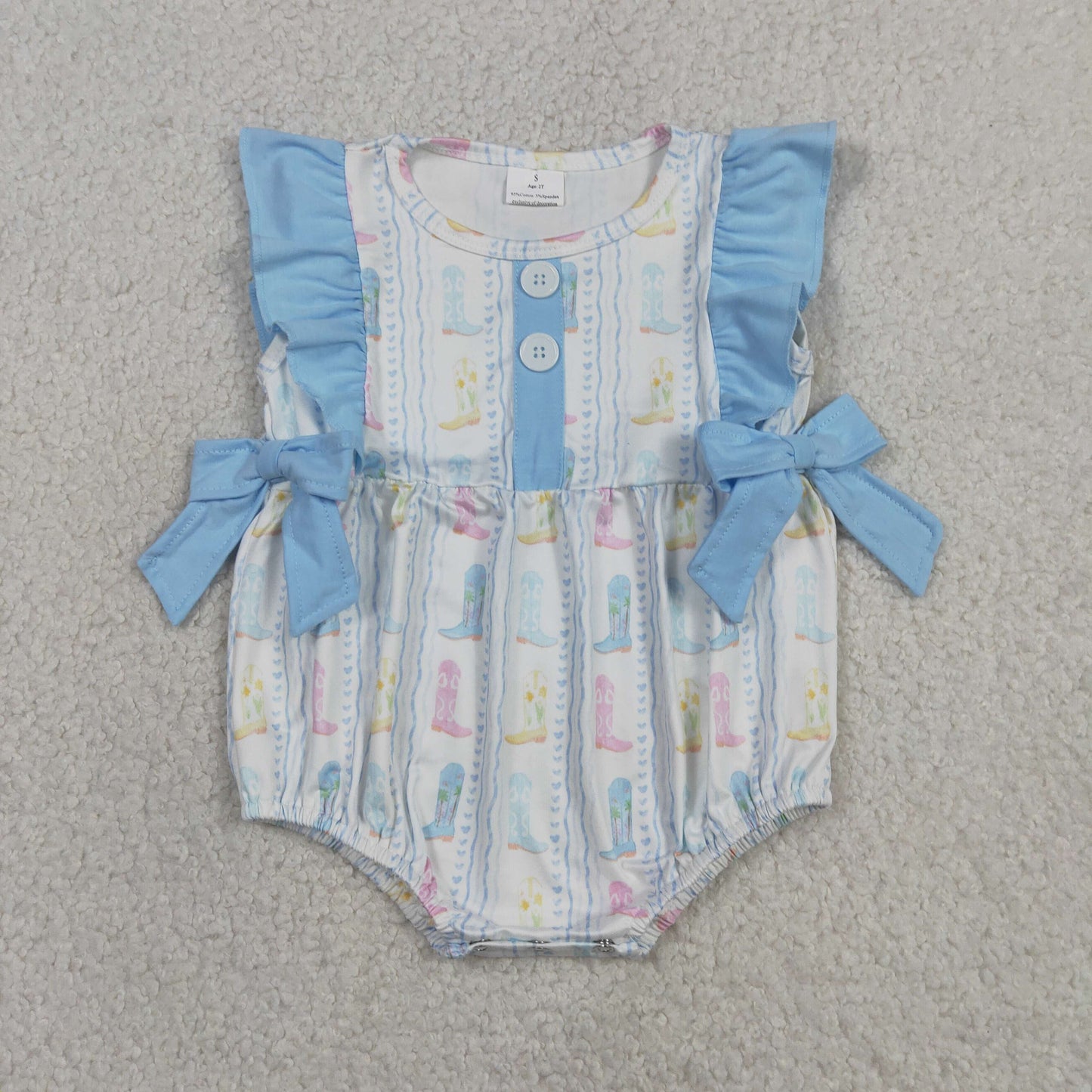 Baby Girls Sleeveless Colorful Boots Stripe Western Button Ruffle Rompers