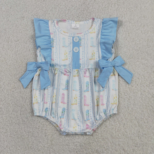 Baby Girls Sleeveless Colorful Boots Stripe Western Button Ruffle Rompers