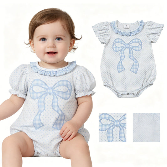 Baby Girls Short Sleeve Blue Polka Dots Bows Ruffle Rompers