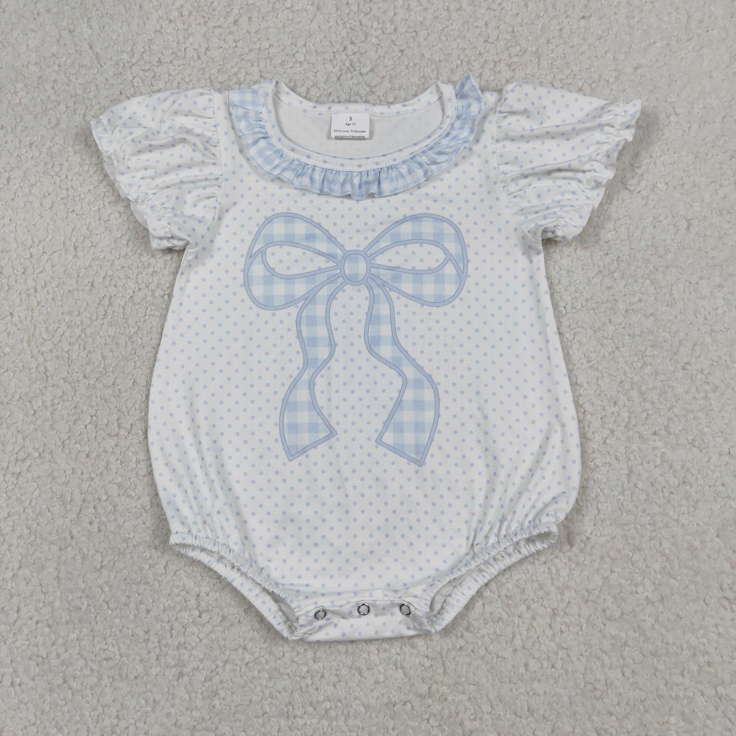 Baby Girls Short Sleeve Blue Polka Dots Bows Ruffle Rompers